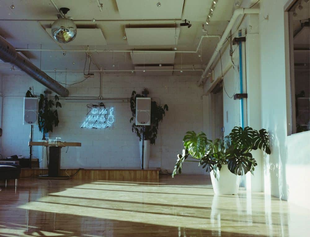 empty studio with wood dance floor